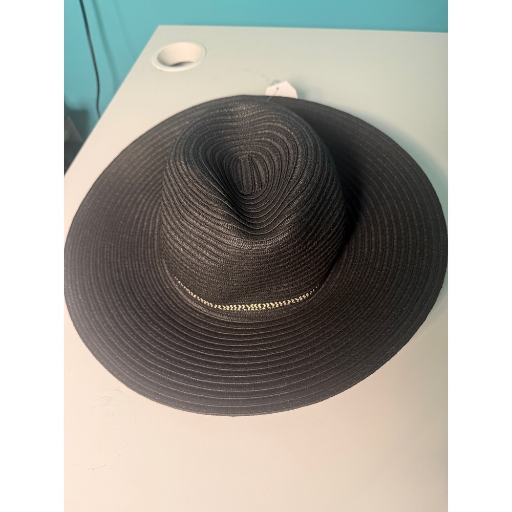 Time and Tru Womens Wide Brim Mix Stripe Panama Hat Black Adjustable